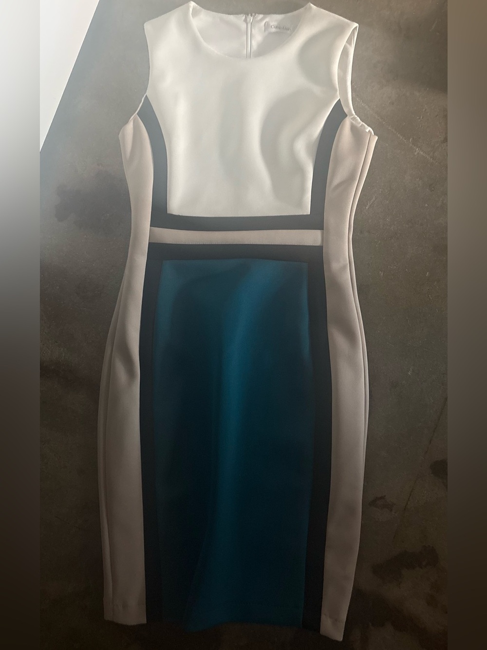 Calvin Klein White, Teal & Black Colorblock Midi Sheath Dress